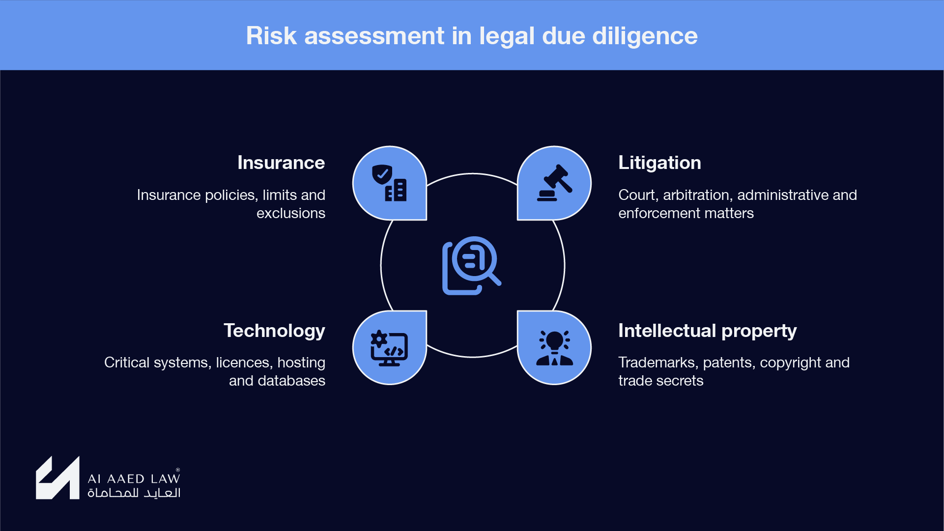 Legal due diligence risk assessment: litigation, intellectual property, technology and insurance